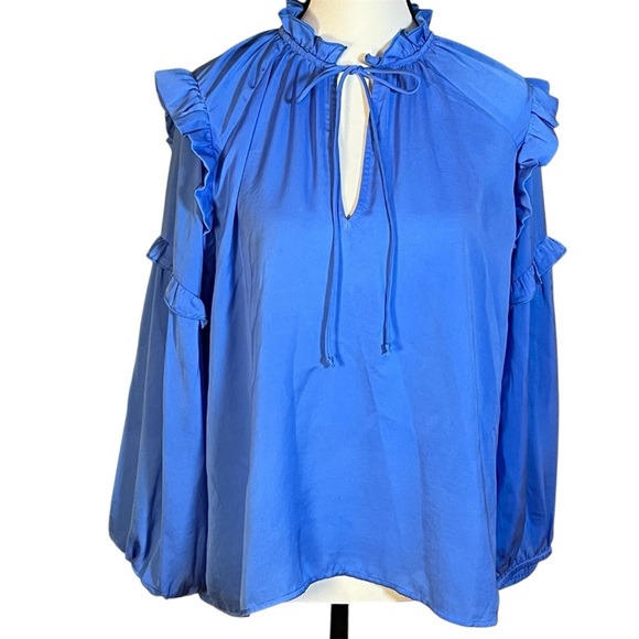 MANGO Blue Solid Tie-Up Neck Ruffles Detail Satin Blouson Top Women’s Size 10 - Picture 2 of 11